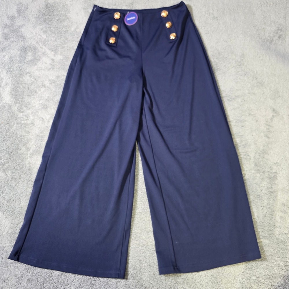 SweatyRocks Womens Medium Sailor Pants Navy Blue Wide Leg High Waist Gold Button